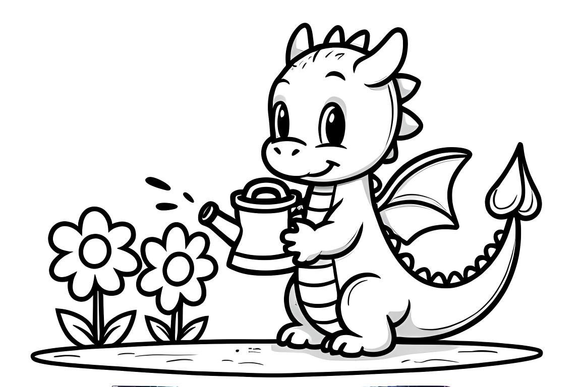 Simples página de colorir para crianças mostrando um dragão amigável regando flores em um jardim, perfeito para crianças pequenas.