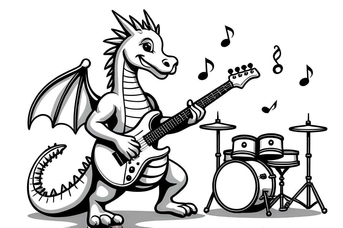 Página de libro para colorear de un dragón rockero tocando la guitarra con instrumentos musicales