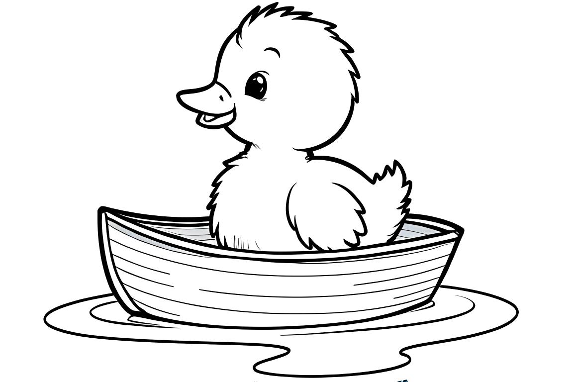 Illustration facile pour livre de coloriage d'un caneton dans un bateau simple, conçue pour les enfants de 3 ans