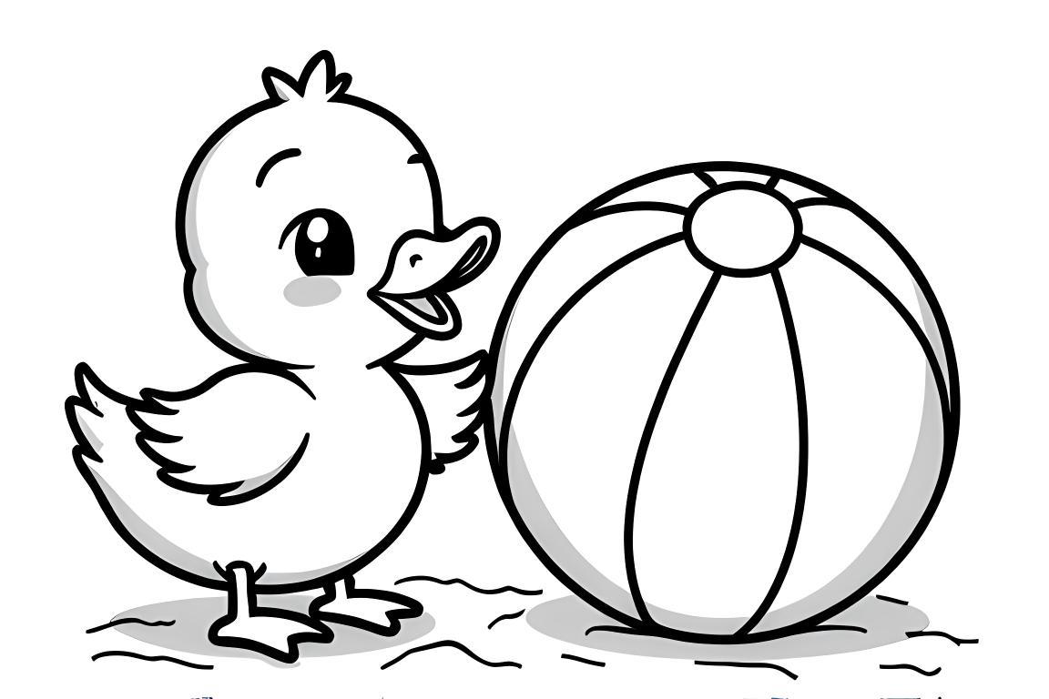 Ilustração simples de livro de colorir infantil de um pintinho brincando com uma bola de praia, perfeito para crianças de 3 anos