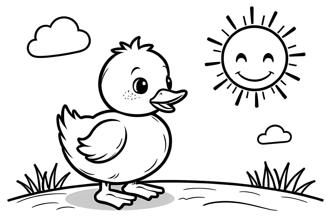 Illustration facile pour livre de coloriage d'un caneton avec un grand soleil souriant, conçue pour les enfants de 3 ans