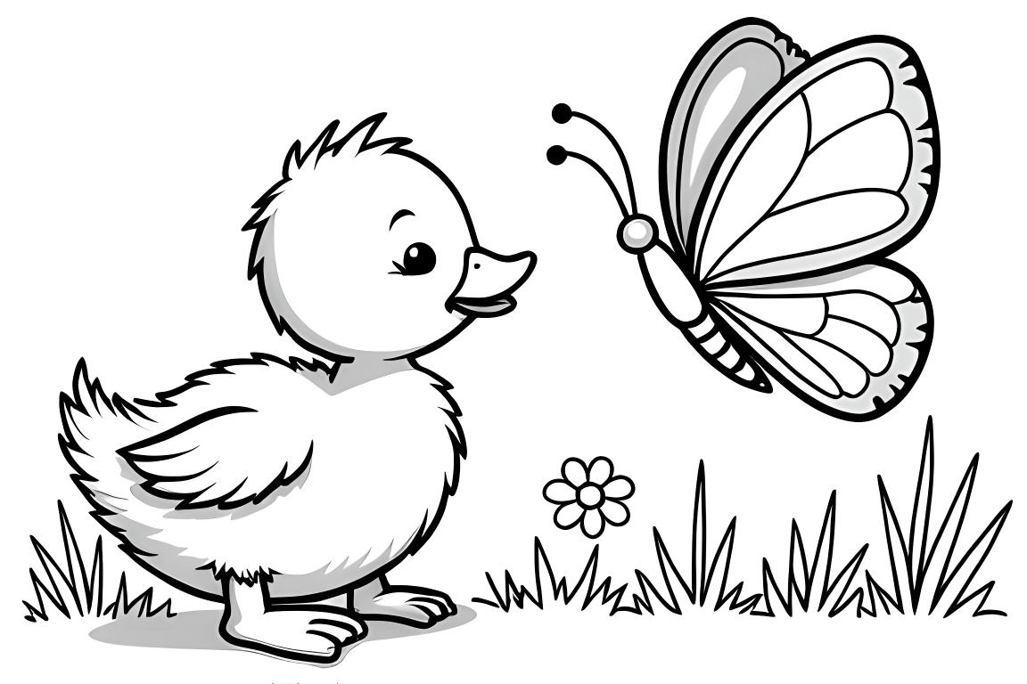 Illustration facile pour livre de coloriage d'un caneton avec un ami papillon, conçue pour les enfants de 3 ans