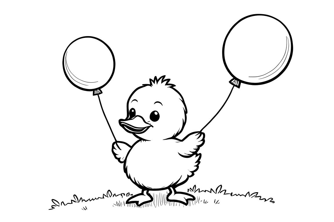 Illustrazione facile da colorare di un simpatico anatroccolo che tiene dei palloncini, pensata per bambini di 3 anni