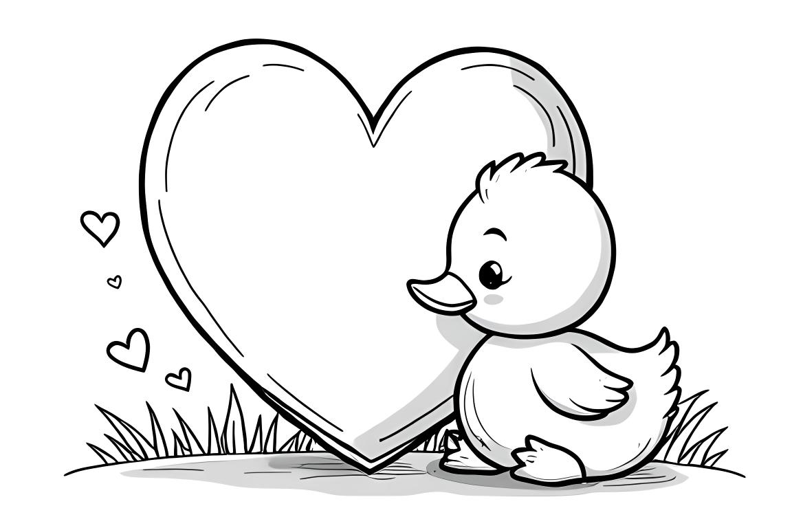 Ilustração simples de livro de colorir infantil de um pintinho com um coração, perfeito para crianças de 3 anos
