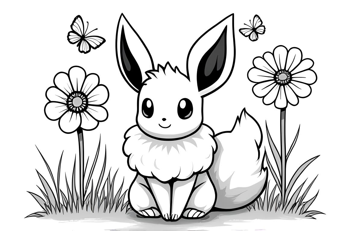 Pagina semplice del libro da colorare per bambini di Eevee Pokemon in un giardino con fiori e farfalle