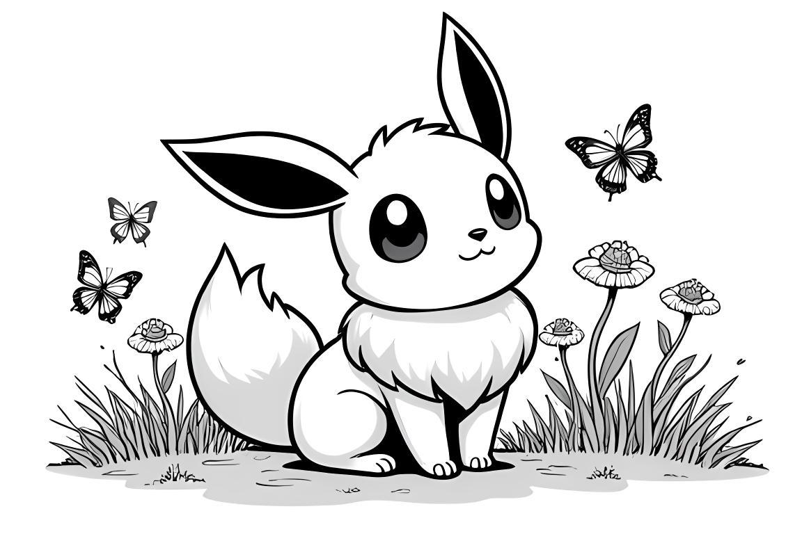 Pagina da colorare per bambini di Eevee Pokemon in un giardino con farfalle e fiori