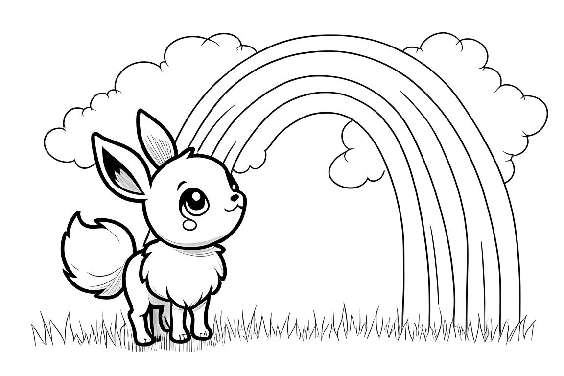Pagina del libro da colorare per bambini semplice di Eevee Pokemon che guarda un arcobaleno
