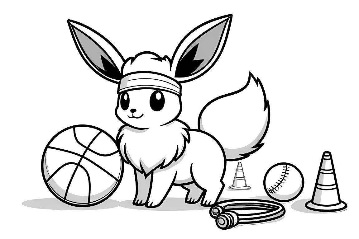 Pagina da colorare di Eevee Pokemon con vari attrezzi sportivi e attività