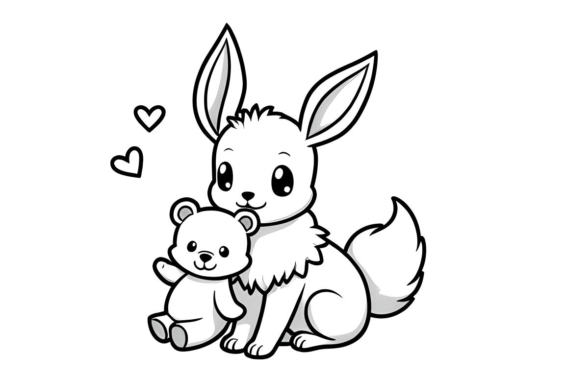 Page de livre de coloriage pour enfants simple d'Eevee Pokemon étreignant un ours en peluche