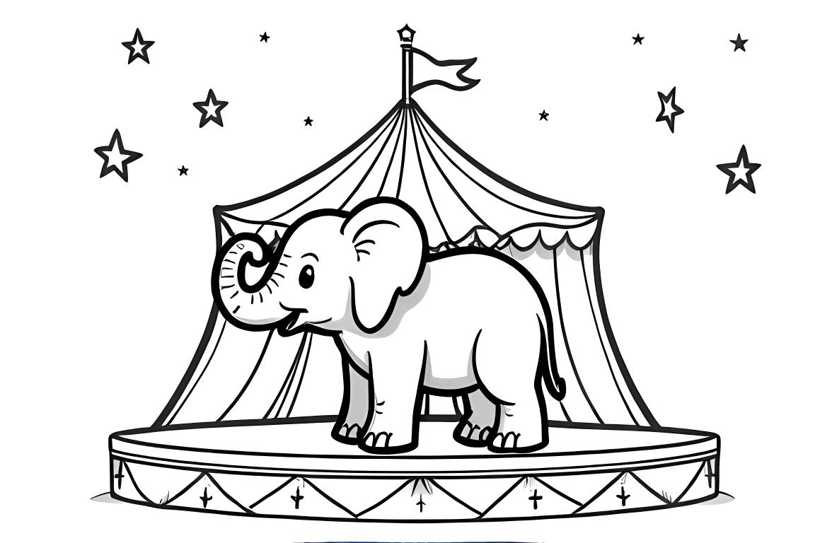 Illustration de livre de coloriage pour enfants d'un éléphant se produisant dans une tente de cirque avec des éléments décoratifs