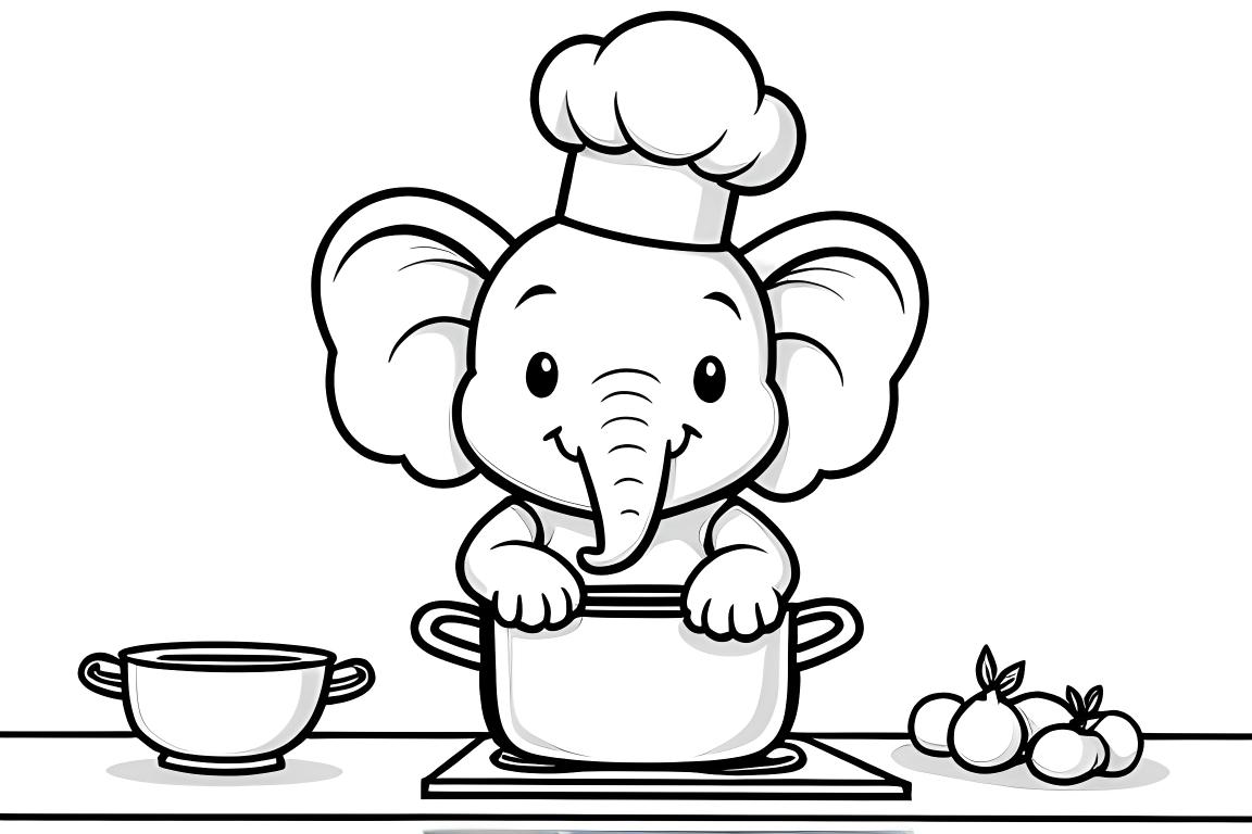 Pagina del libro da colorare per bambini che mostra un elefante cuoco che cucina in cucina con utensili e ingredienti