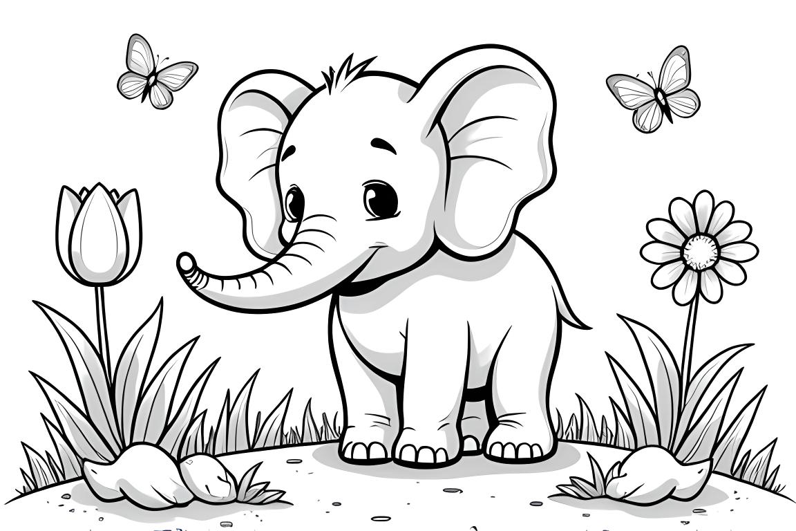 Page de livre de coloriage pour enfants montrant un éléphant dans un beau jardin avec des fleurs et des papillons