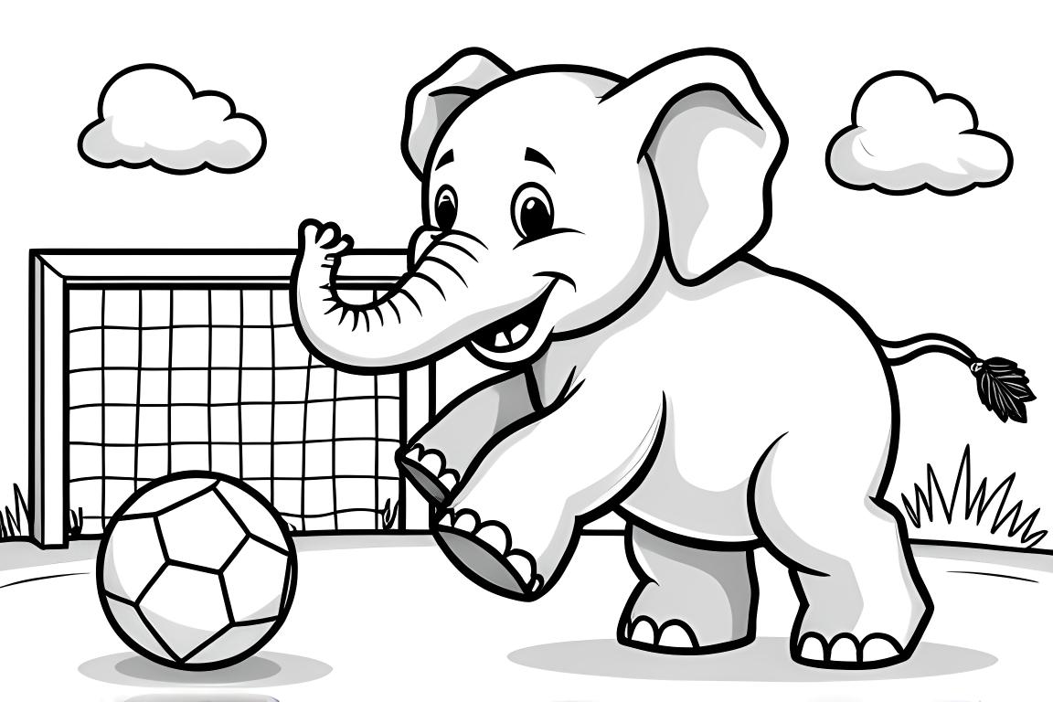 Página de livro de colorir infantil mostrando um elefante jogando futebol e chutando a bola em direção ao gol