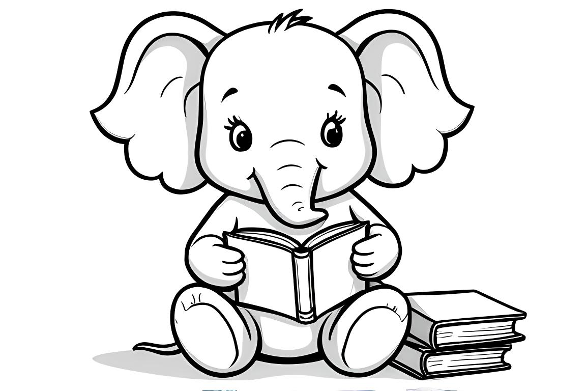 Barnens målarboksillustration av en elefant som läser en bok, som främjar utbildning och lärande