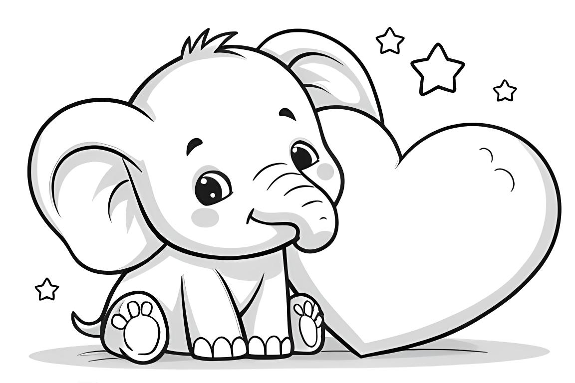 Ilustración fácil para libro para colorear de un elefante con un gran corazón, perfecta para enseñar a niños de 3 años sobre el amor