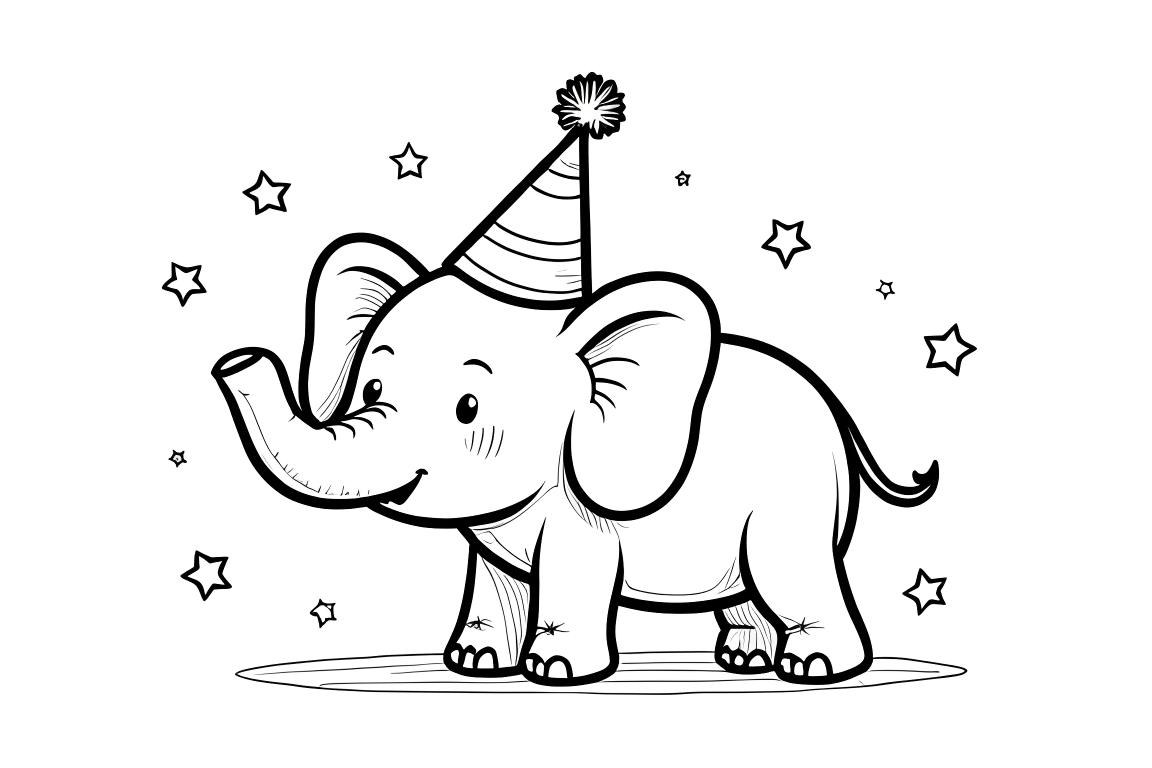 Divertente illustrazione da colorare di un elefante con cappello di compleanno, progettata per bambini di 3 anni