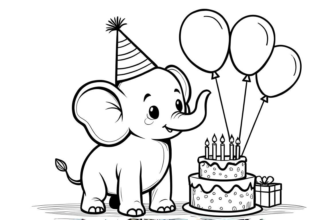 Page de livre de coloriage pour enfants montrant un éléphant heureux à une fête d'anniversaire avec gâteau et ballons