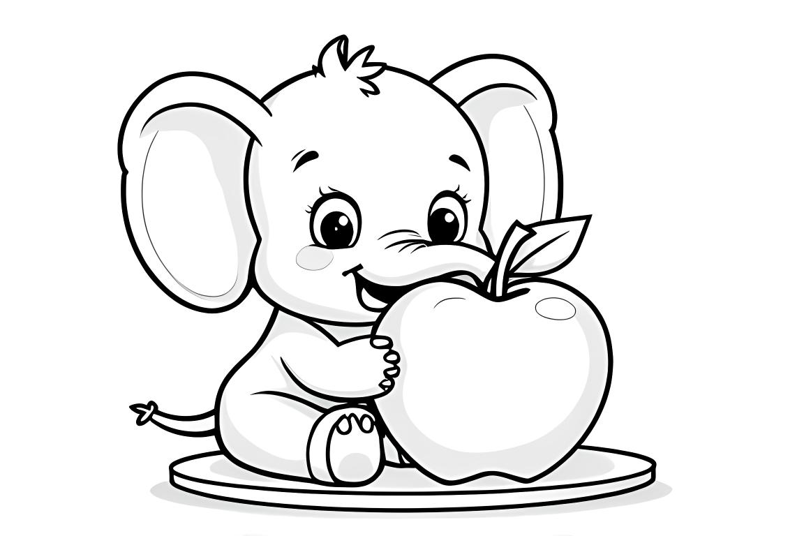 Ilustración simple para libro para colorear de niños de un elefante comiendo una manzana, diseñada para niños de 3 años