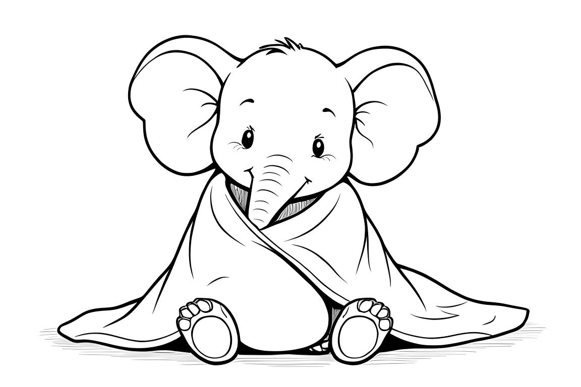 Ilustración acogedora para libro para colorear de niños de un elefante con una manta, perfecta para niños de 3 años