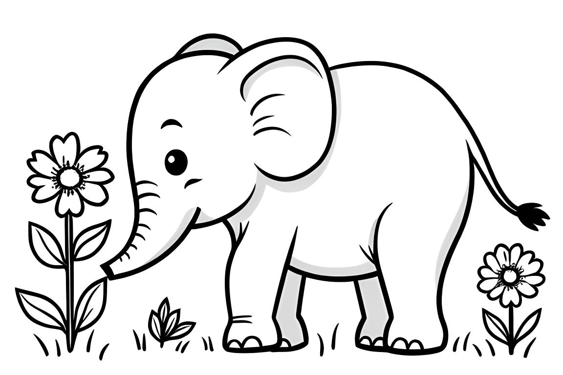 Ilustração simples de livro de colorir infantil de um elefante cheirando flores num jardim, projetada para crianças de 3 anos