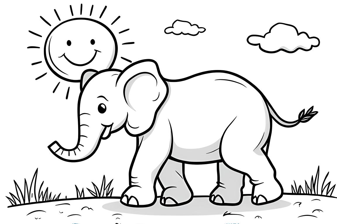 Ilustração fácil de livro de colorir infantil de um elefante caminhando sob o sol, perfeito para crianças de 3 anos