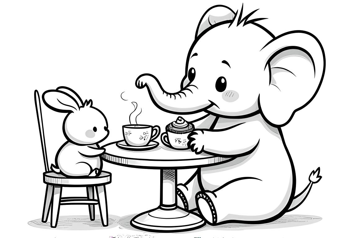 Illustration de livre de coloriage pour enfants d'un éléphant prenant le goûter avec des amis animaux