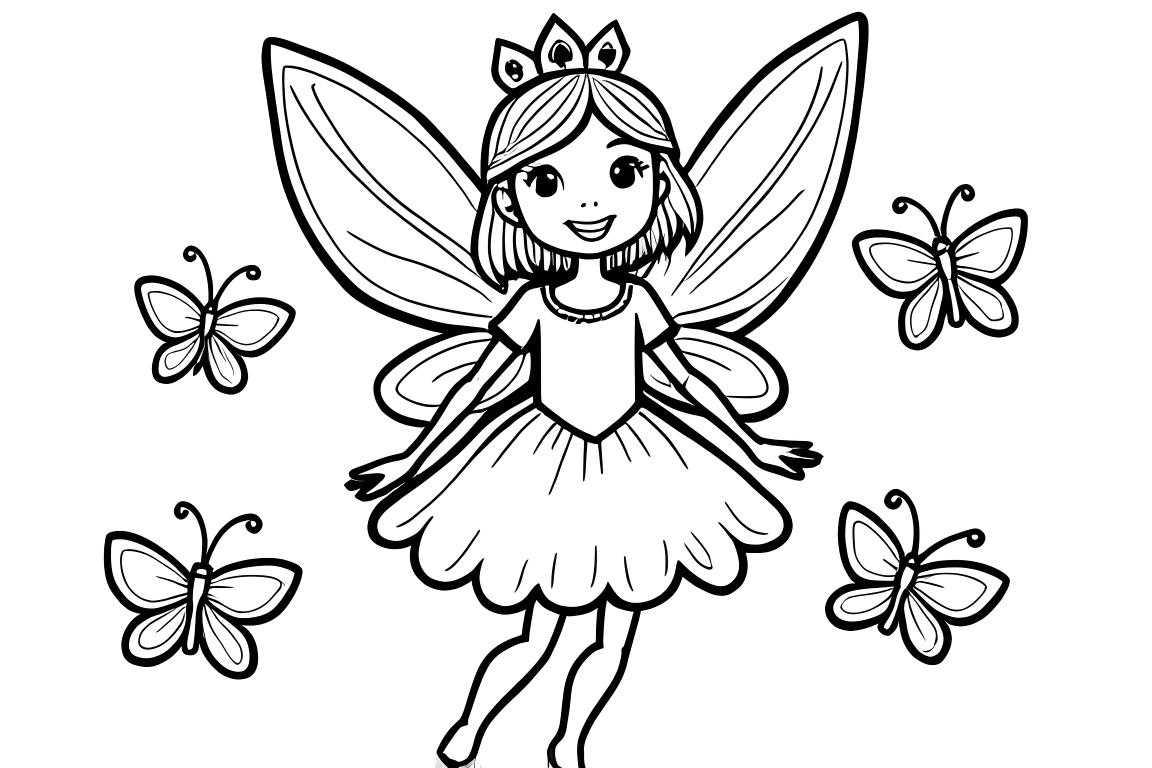 Semplice pagina di un libro da colorare per bambini di una carina fatina principessa con farfalle, perfetta per i bambini piccoli