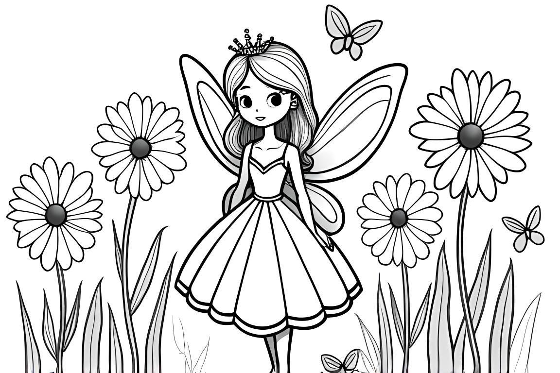 Pagina semplice di un libro da colorare per bambini di una principessa fatata in un giardino di fiori