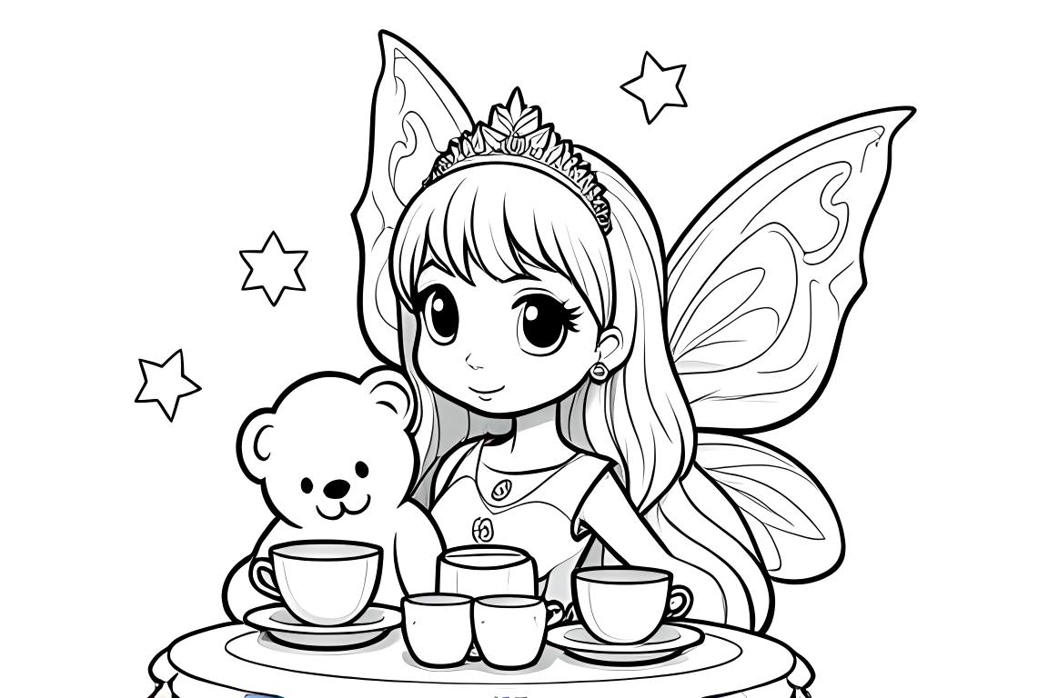 Semplice illustrazione di un libro da colorare per bambini di una fatina principessa che fa merenda con il suo orsetto di peluche