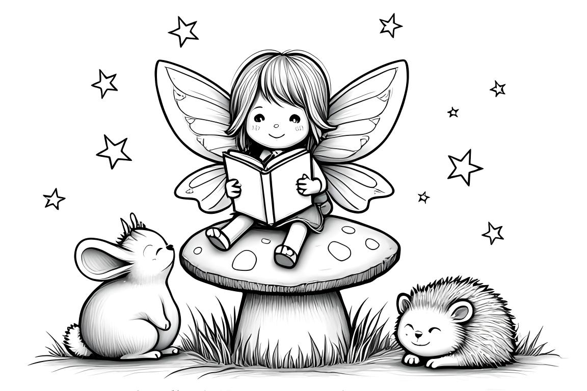Dolce illustrazione del libro da colorare di una fata che legge storie della buonanotte agli animali del bosco assonnati
