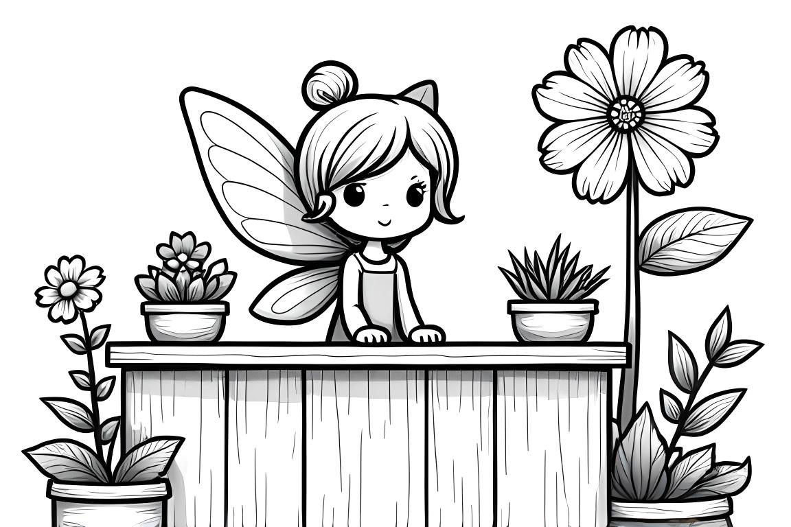 Illustrazione del libro da colorare dei bambini di una fata che gestisce un negozio di fiori magico con un cliente farfalla