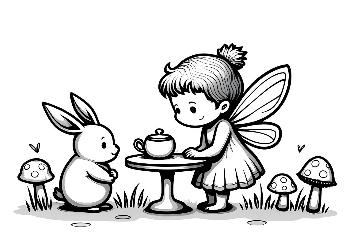 Illustrazione semplice di un libro da colorare per bambini di una fata che fa un tea party con gli animali della foresta