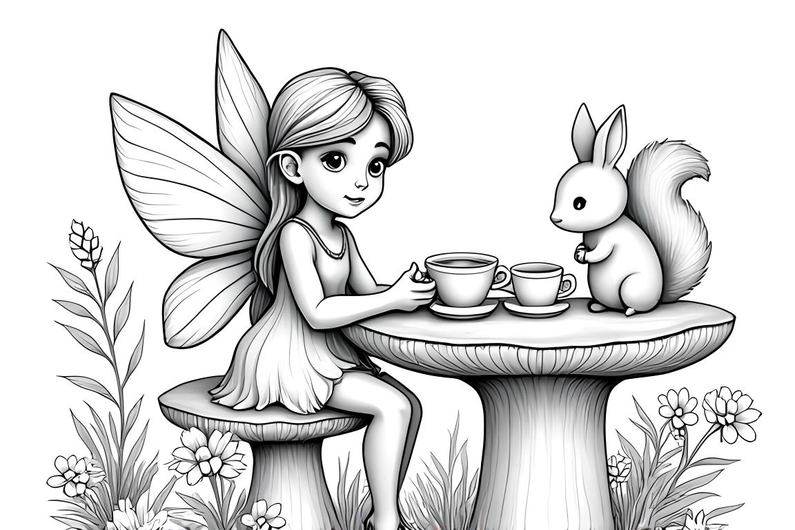 Page de livre de coloriage pour enfants d'une fée ayant une fête du thé avec des animaux de la forêt dans un jardin magique