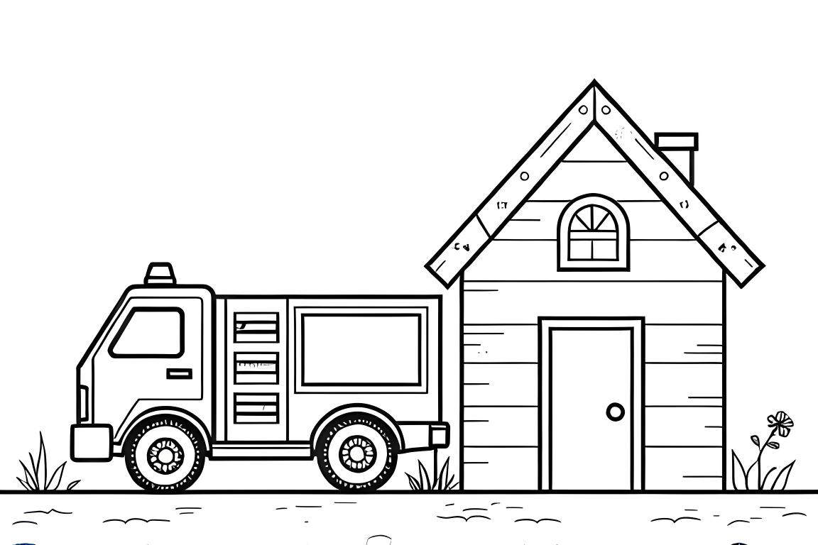 Page de livre à colorier facile avec camion de pompier et maison conçue pour les coloriages des tout-petits