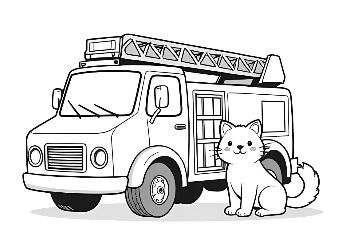 Illustration simple de livre de coloriage de camion de pompier avec chat amical pour tout-petits
