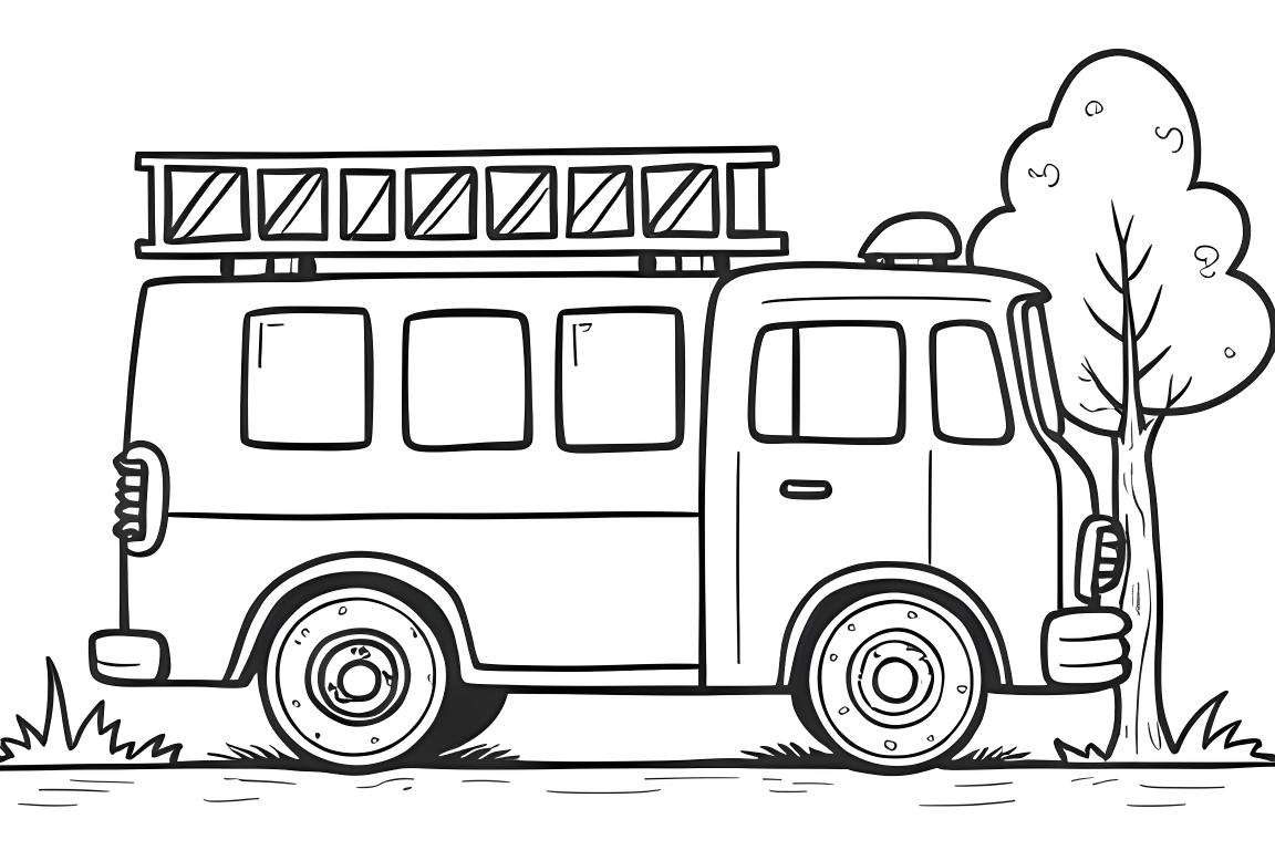 Illustration basique de livre de coloriage pour enfants d'un camion de pompiers avec échelle simple pour tout-petits