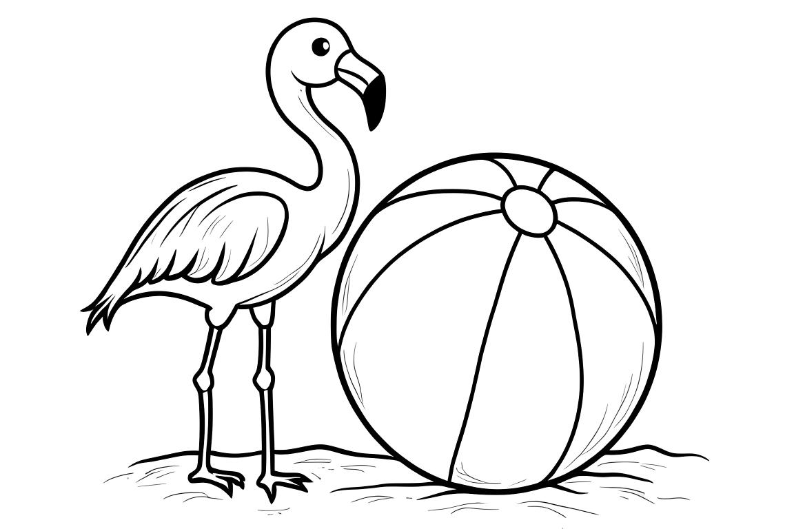 Desenho de livro de colorir infantil de um flamingo com uma bola de praia, perfeito para crianças de 3 anos