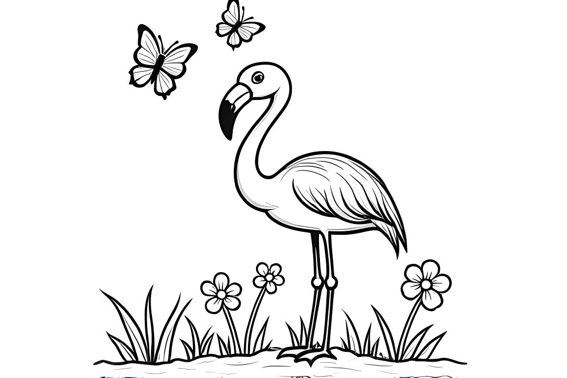 Illustration de coloriage simple pour enfants d'un flamant rose heureux regardant des papillons, parfaite pour les tout-petits