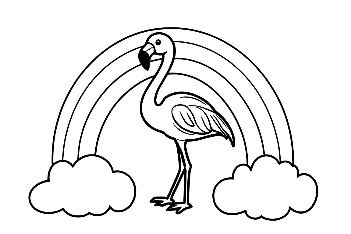 Page de coloriage simple pour enfants d'un mignon flamant rose se tenant sous un arc-en-ciel avec des nuages