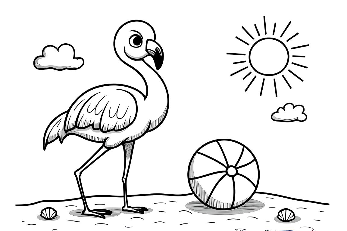 Página de colorir simples para crianças apresentando um flamingo na praia com um guarda-sol e uma bola de praia