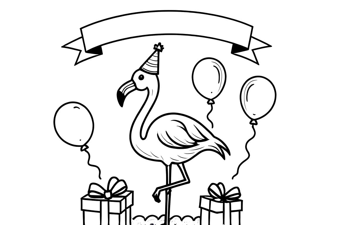 Illustration de coloriage simple pour enfants d'un flamant rose célébrant avec un chapeau d'anniversaire et des ballons