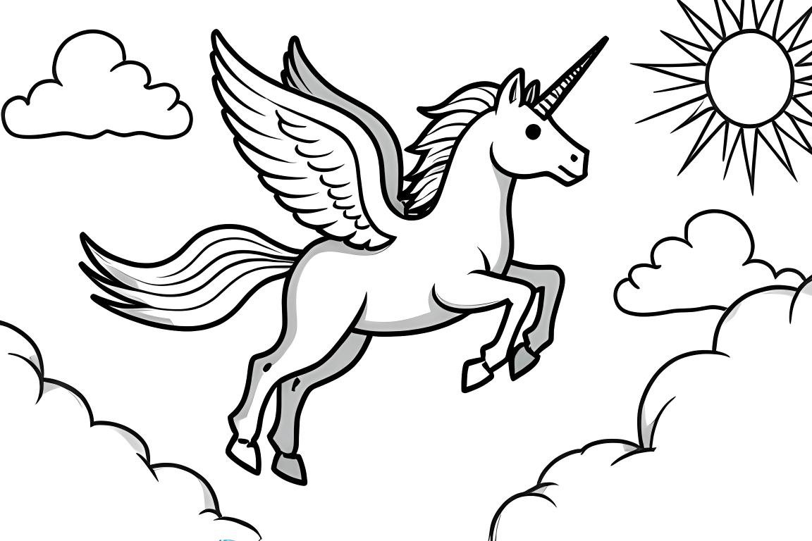 Simple children's coloring book page featuring an alicorn flying through clouds with clear black outlines