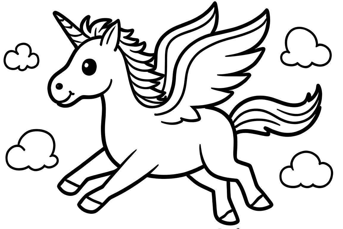 Semplice illustrazione da colorare per bambini di un amichevole pegaso che vola tra le nuvole, perfetta per bambini di 3 anni
