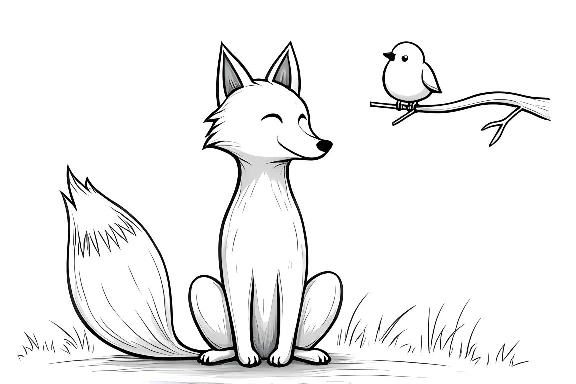 Page simple de livre de coloriage pour enfants montrant un renard amical et un petit oiseau, idéale pour les tout-petits