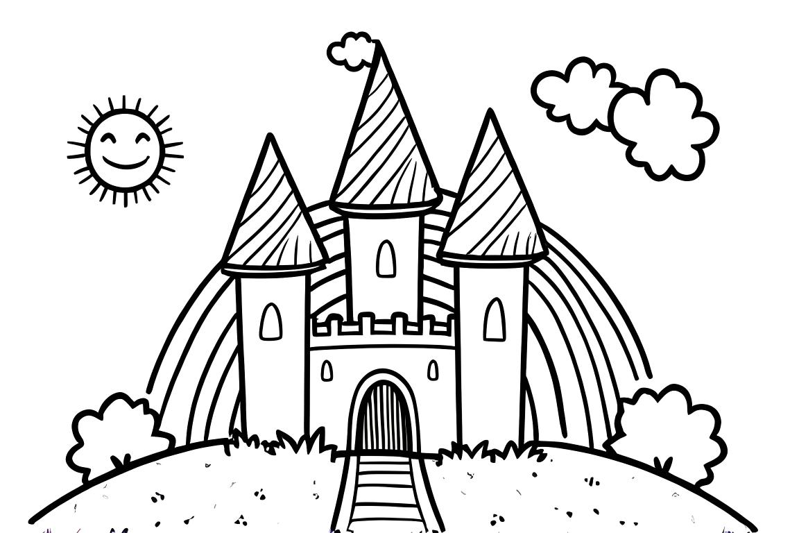 Ilustración simple de libro de colorear infantil de un castillo de cuento de hadas con un arcoíris encima, diseñado para niños pequeños