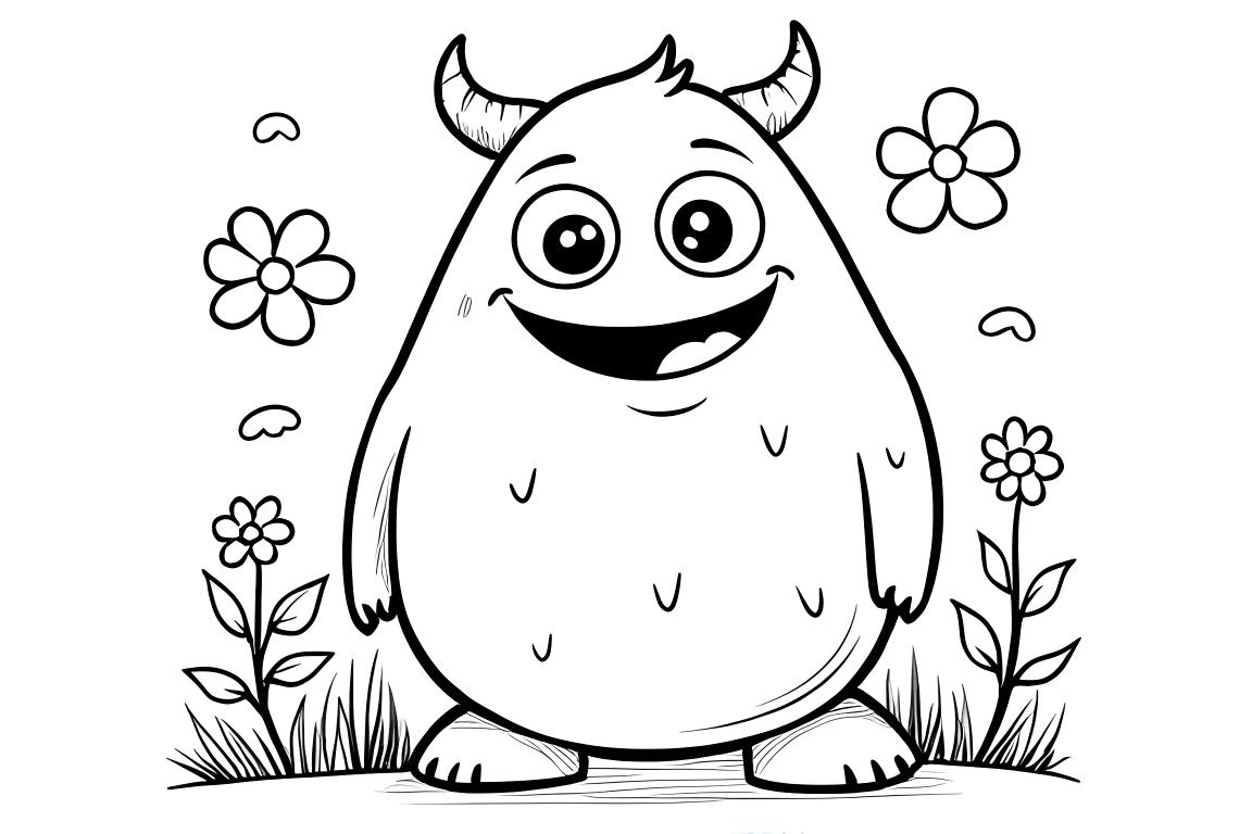 Semplice pagina da colorare per bambini con un mostro amichevole che sorride con grandi occhi, perfetta per bambini piccoli