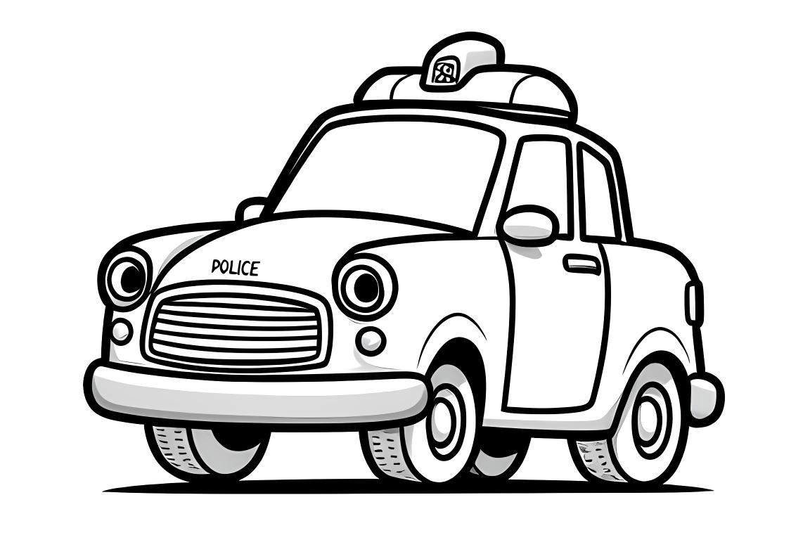 Illustration simple d'un livre de coloriage pour enfants d'une voiture de police souriante avec de grandes roues, parfaite pour les tout-petits