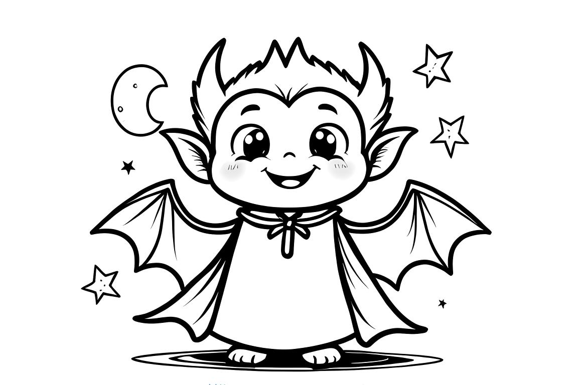 Illustrazione semplice per libro da colorare per bambini di un vampiro amichevole che sorride con mantello per bambini piccoli