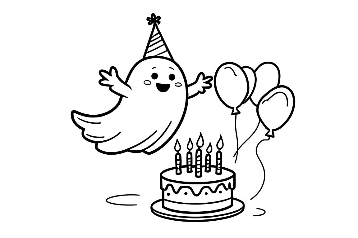 Illustration simple de livre de coloriage pour enfants d'un fantôme heureux avec un gâteau d'anniversaire et des ballons, parfaite pour les tout-petits