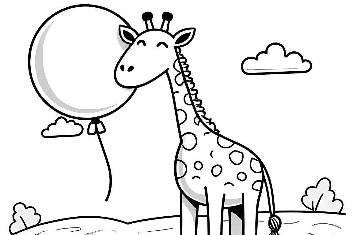 Illustrazione semplice di colorazione per bambini di una giraffa con un grande pallone, perfetta per i bambini piccoli